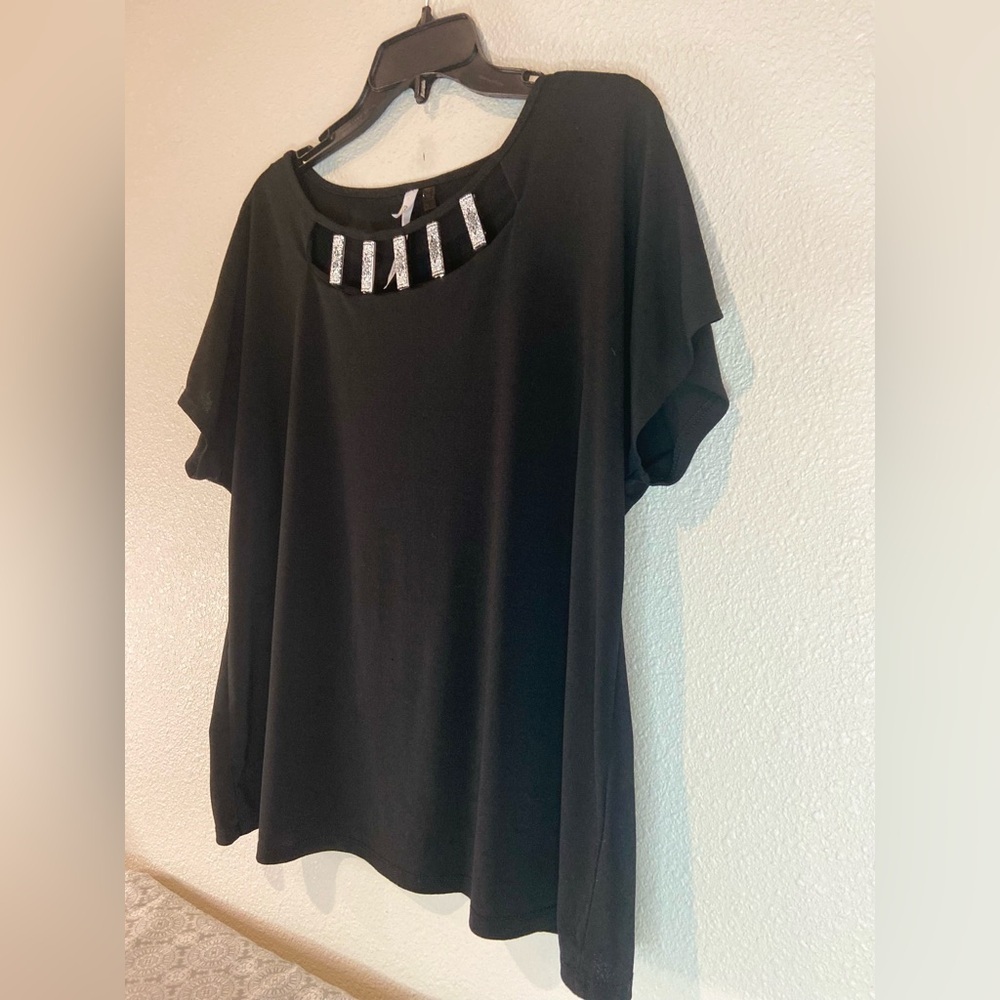 NY Collection~Petite~Lightweight~Semi-Sheer~Blouse~Silver Neck Detail~Size PL